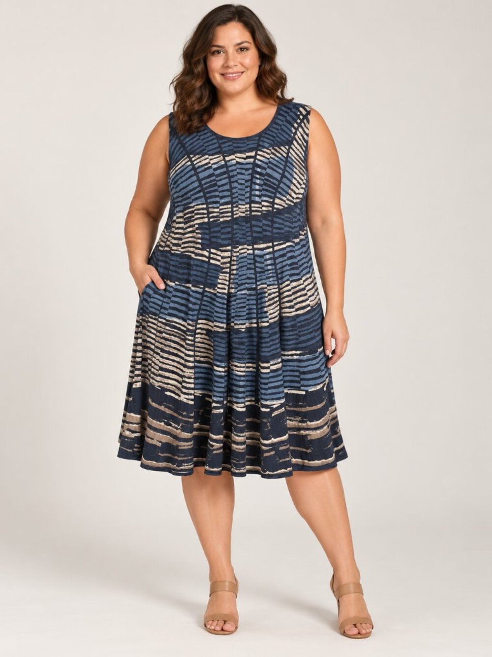 NIC+ZOE XL Blue Ivory Abstract Stripe Sleeveless A-Line Knit Dress Cotton Modal